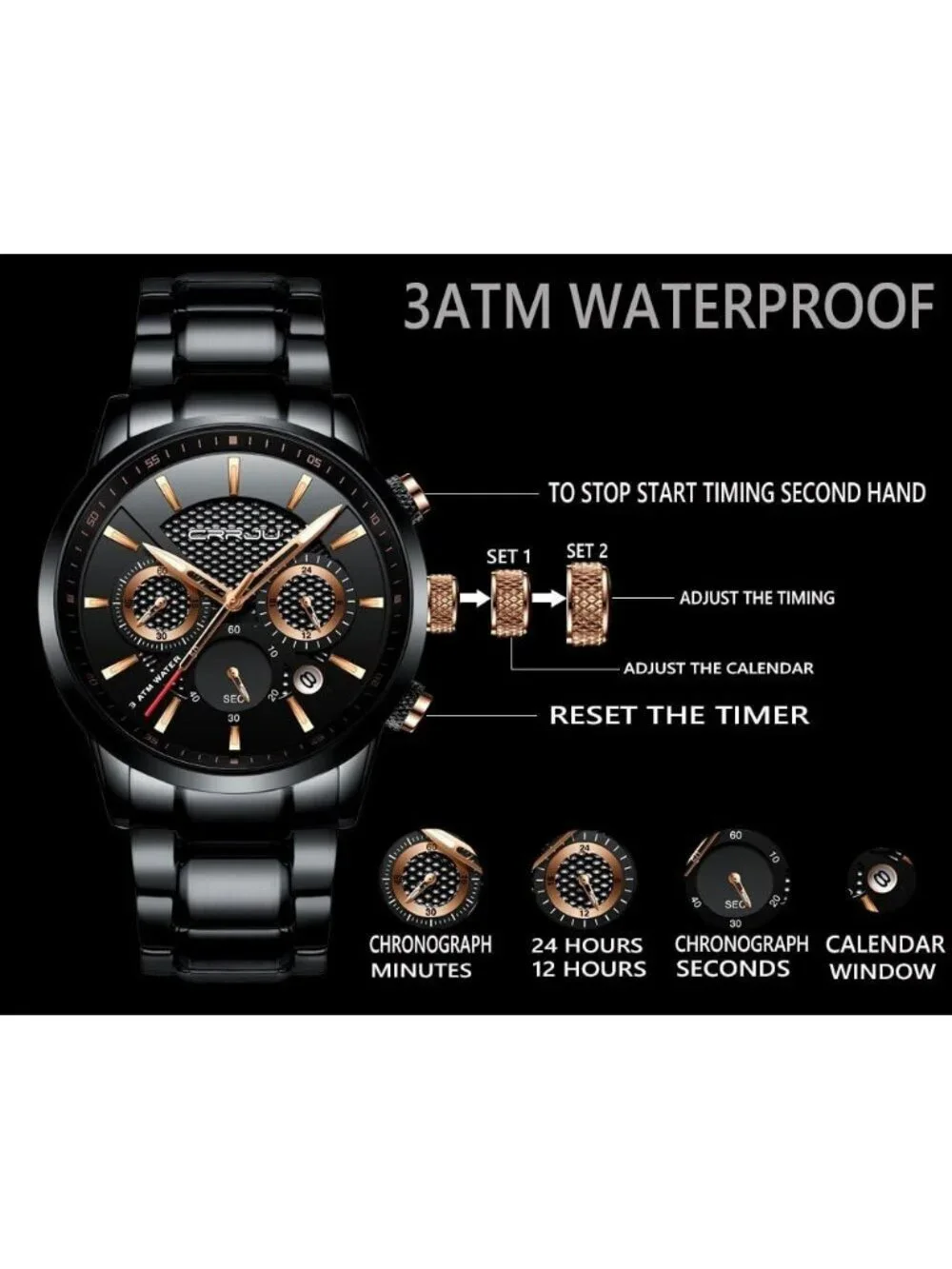Men's Black Skeleton Luminous Casual Chronograph Quartz Waterproof Wrist Watch